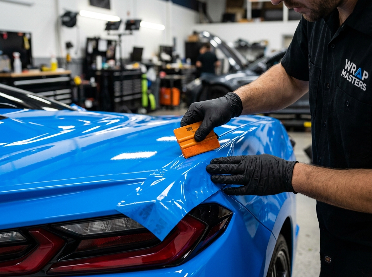 Professional 3M vinyl vehicle wrap installation at TKO Graphix Plainfield facility